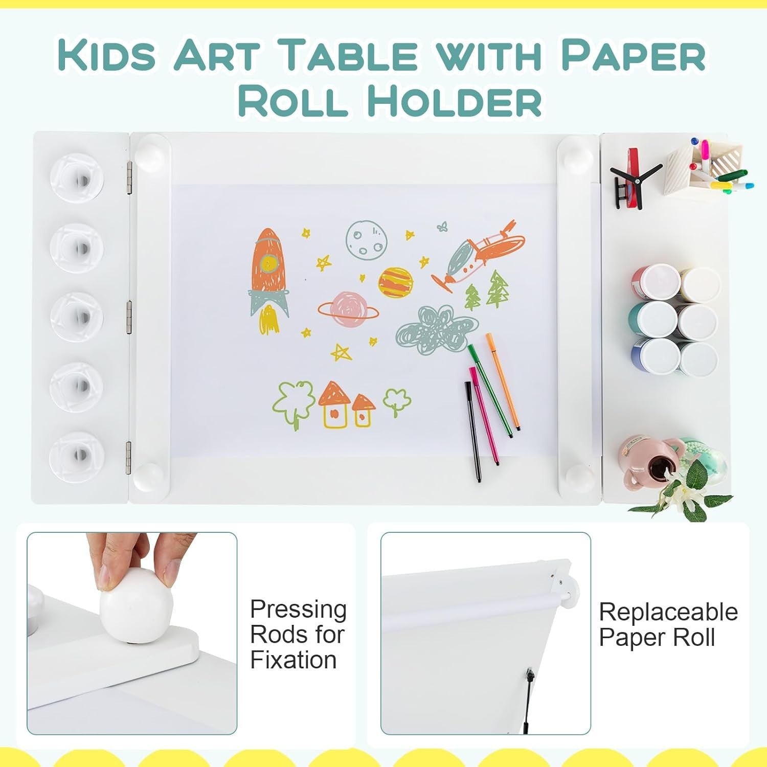 Kids Art Table and Chair Set with Storage Bins & Easel Desk White 5 Cups