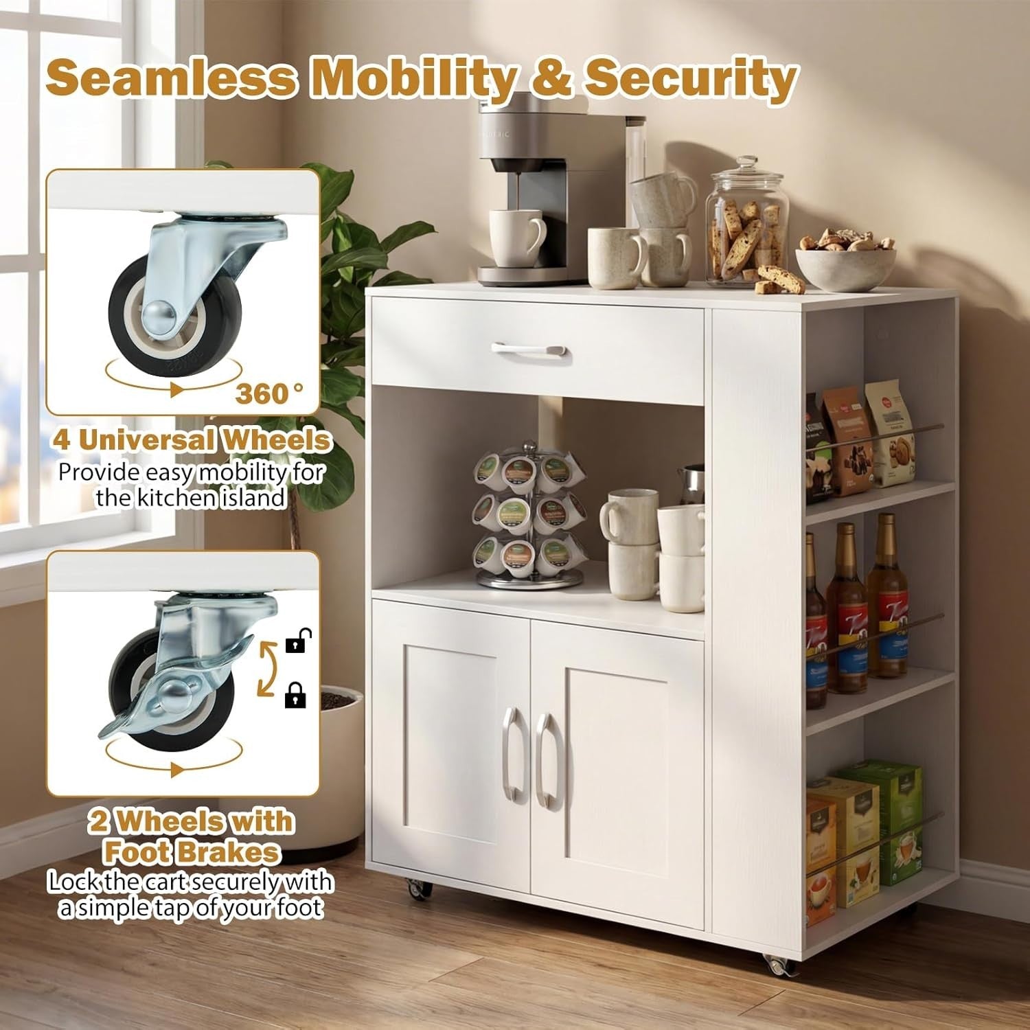 White Kitchen Island Trolley Cabinet with Spice Rack