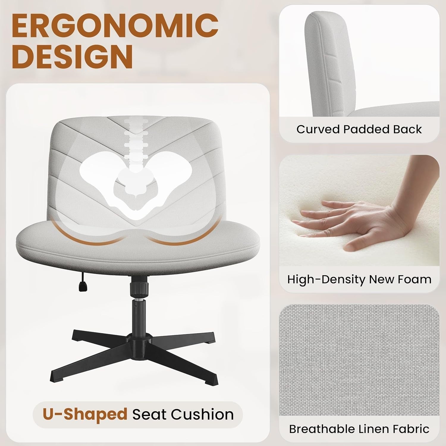 Adjustable Armless Office Chair Swivel Seat Ergonomic Home Desk Back Support