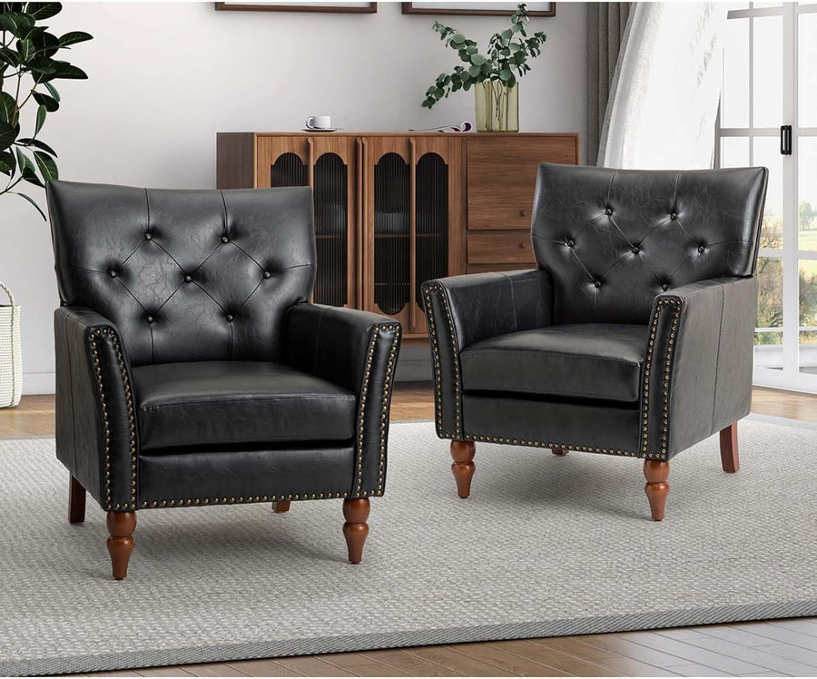 2x Black Faux Leather Tufted Armchairs Nailhead Accent Lounge Chairs Set
