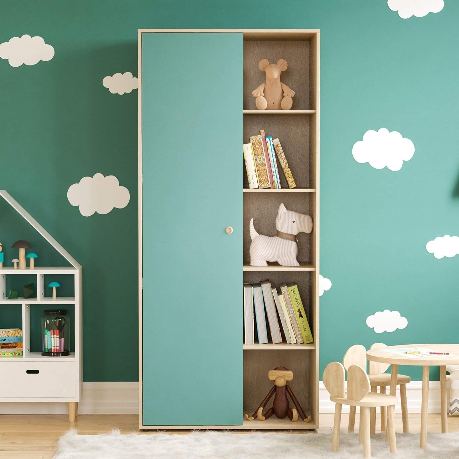 Children’s Wardrobe with Shelves & Rail, Blue Oak Kids Storage Cabinet