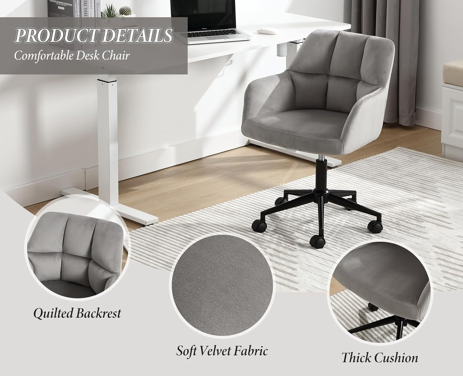 Swivel Office Chair Grey Velvet Desk Chair Modern Grid Back Home Study Seating