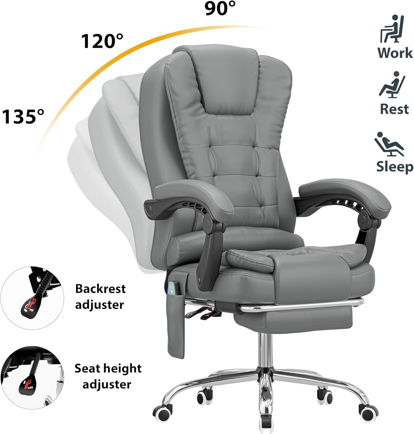 Ergonomic Massage Office Chair Recliner Footrest Gaming Desk Seat Grey