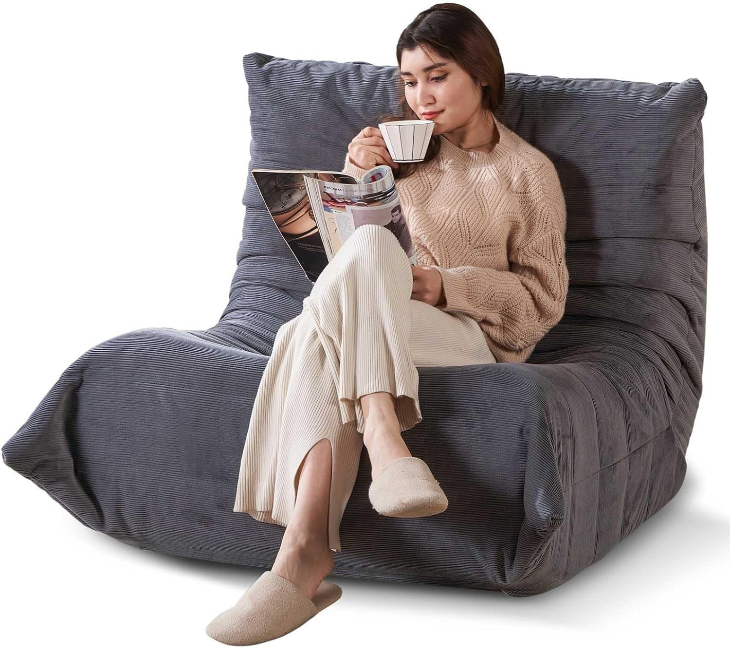 Light Grey Floor Sofa Lounger Bean Bag Style Chair for Adults Bedroom