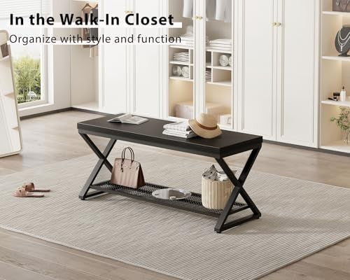 Black Oak Industrial Entryway Storage Bench Metal Frame Shoe Rack Seat 100x36x46