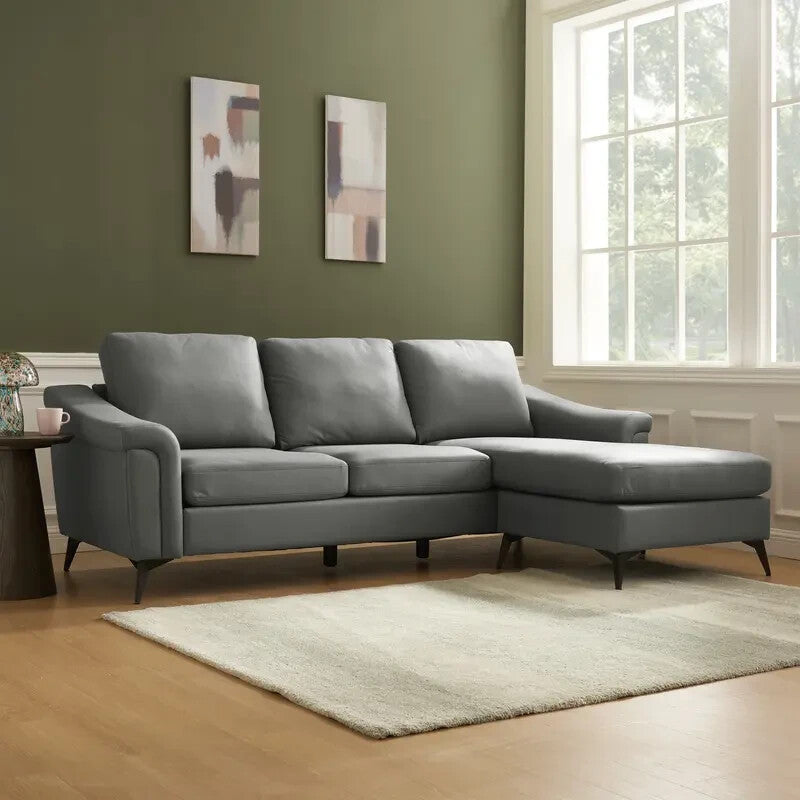 Modern Grey 3 Seater Sofa with Chaise Air Leather Reversible Lounge