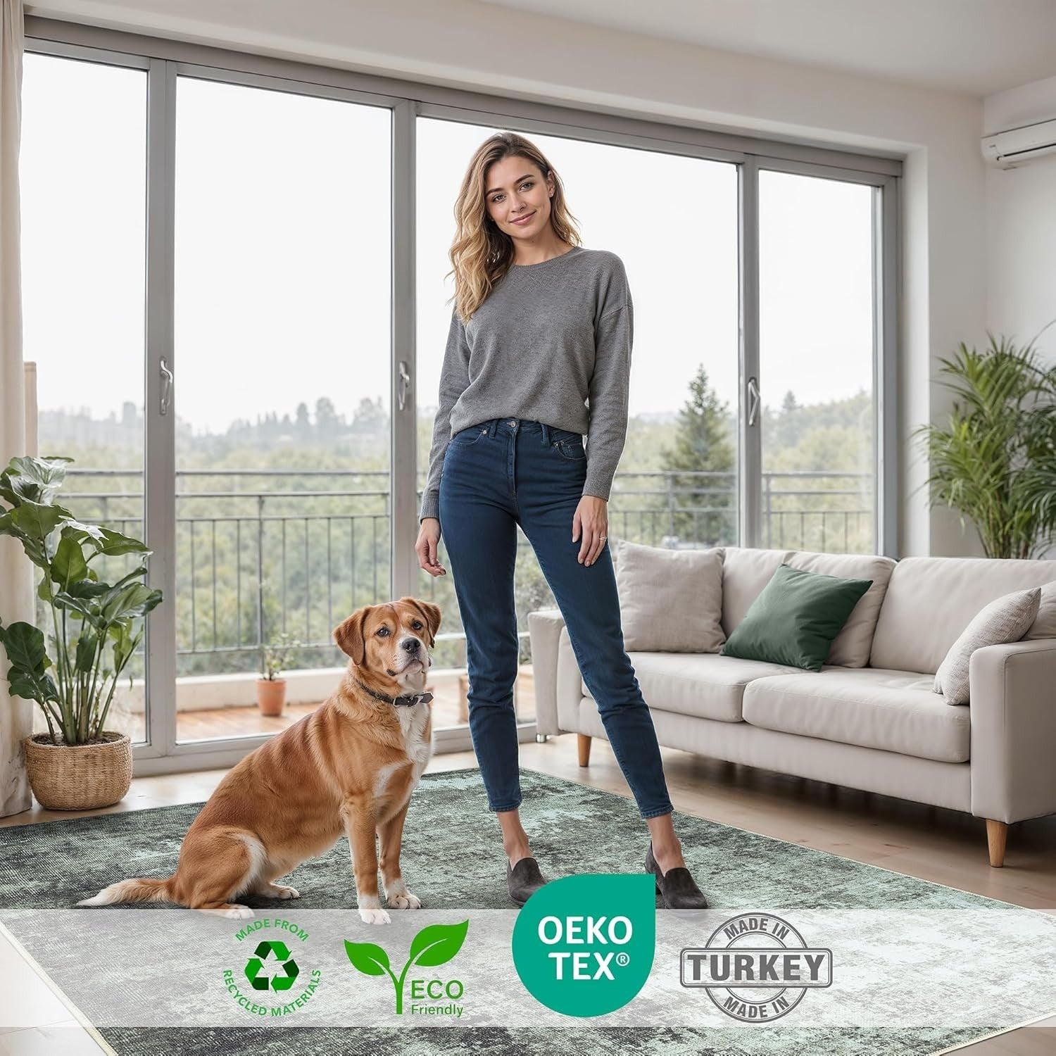 Washable Rug 152x213cm Non-Slip Soft Modern Green Carpet Living Room Bedroom