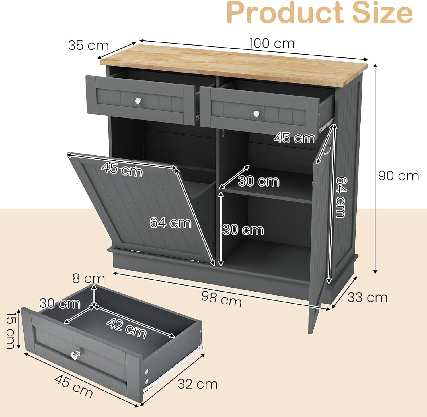 Modern Kitchen Sideboard with Tilt-Out Trash Bin Cabinet & Storage Drawers