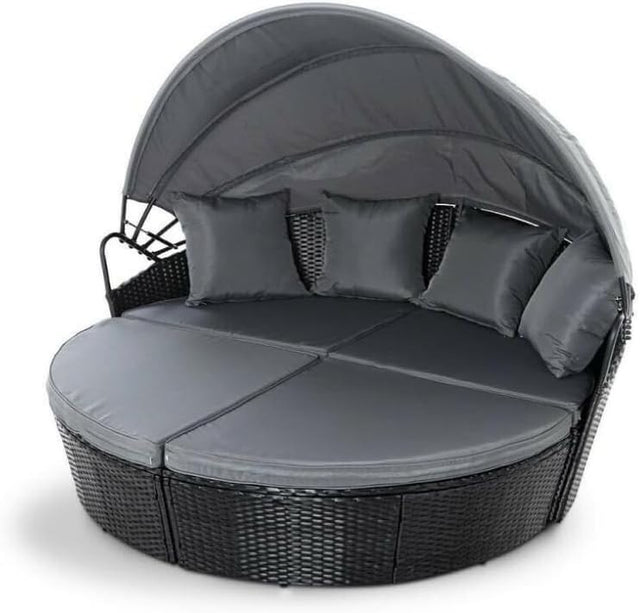 Luxury Round Rattan Daybed with Canopy Sun Lounger Garden Patio Sofa Cushions