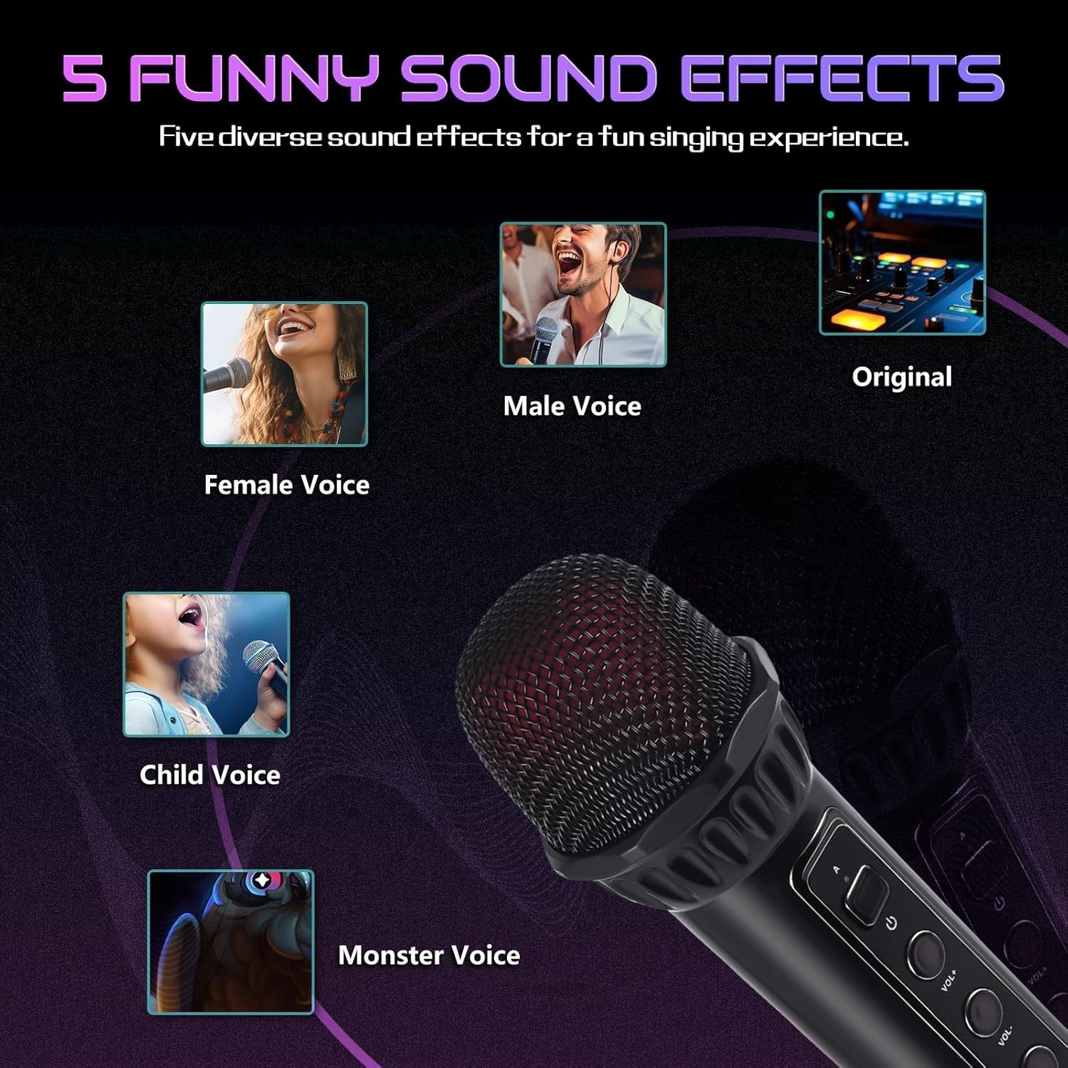 Portable Karaoke Machine 2 Mics Bluetooth Speaker with LED Lights Black