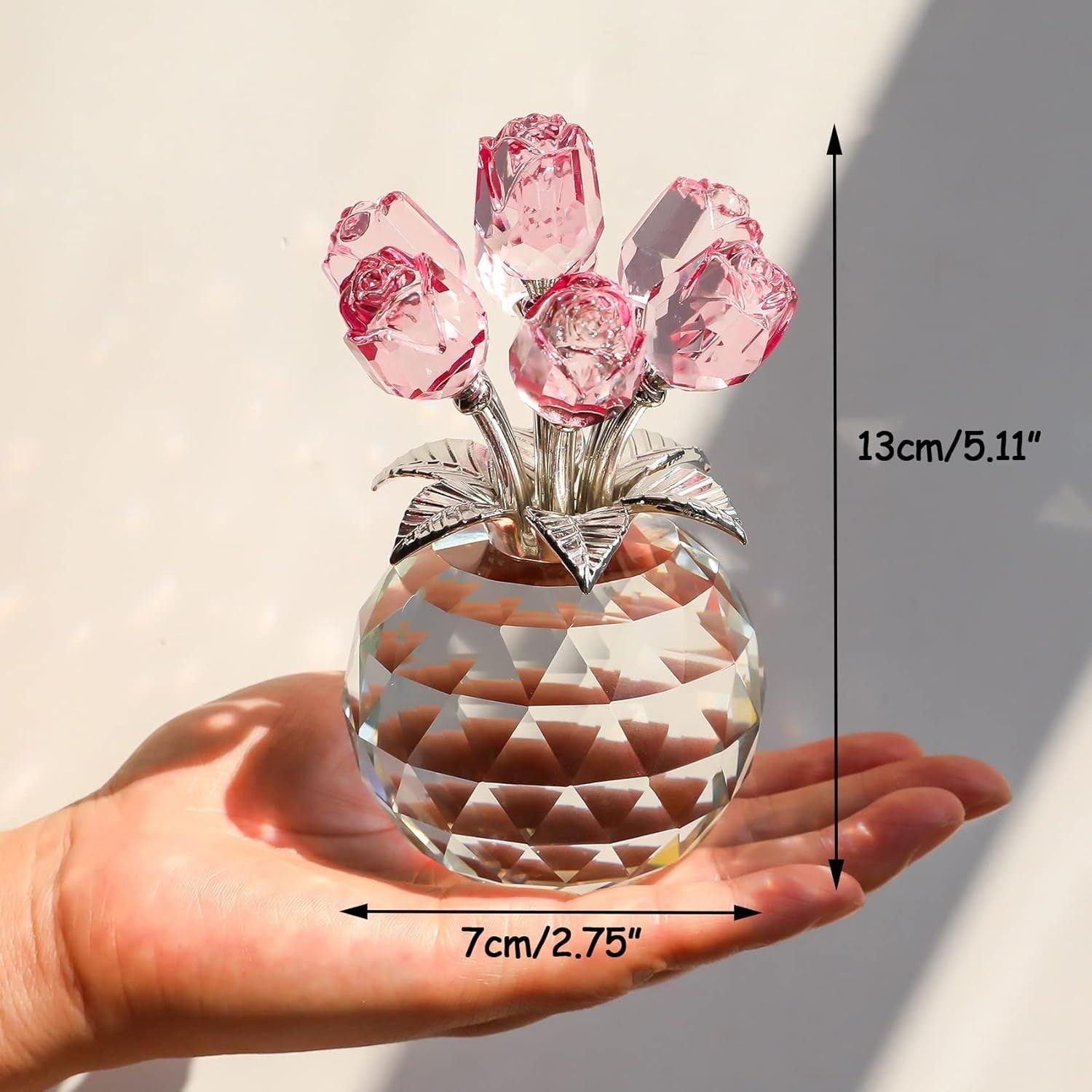Pink Crystal Rose Bouquet Ornament in Round Vase Gift for Women Wife Birthday