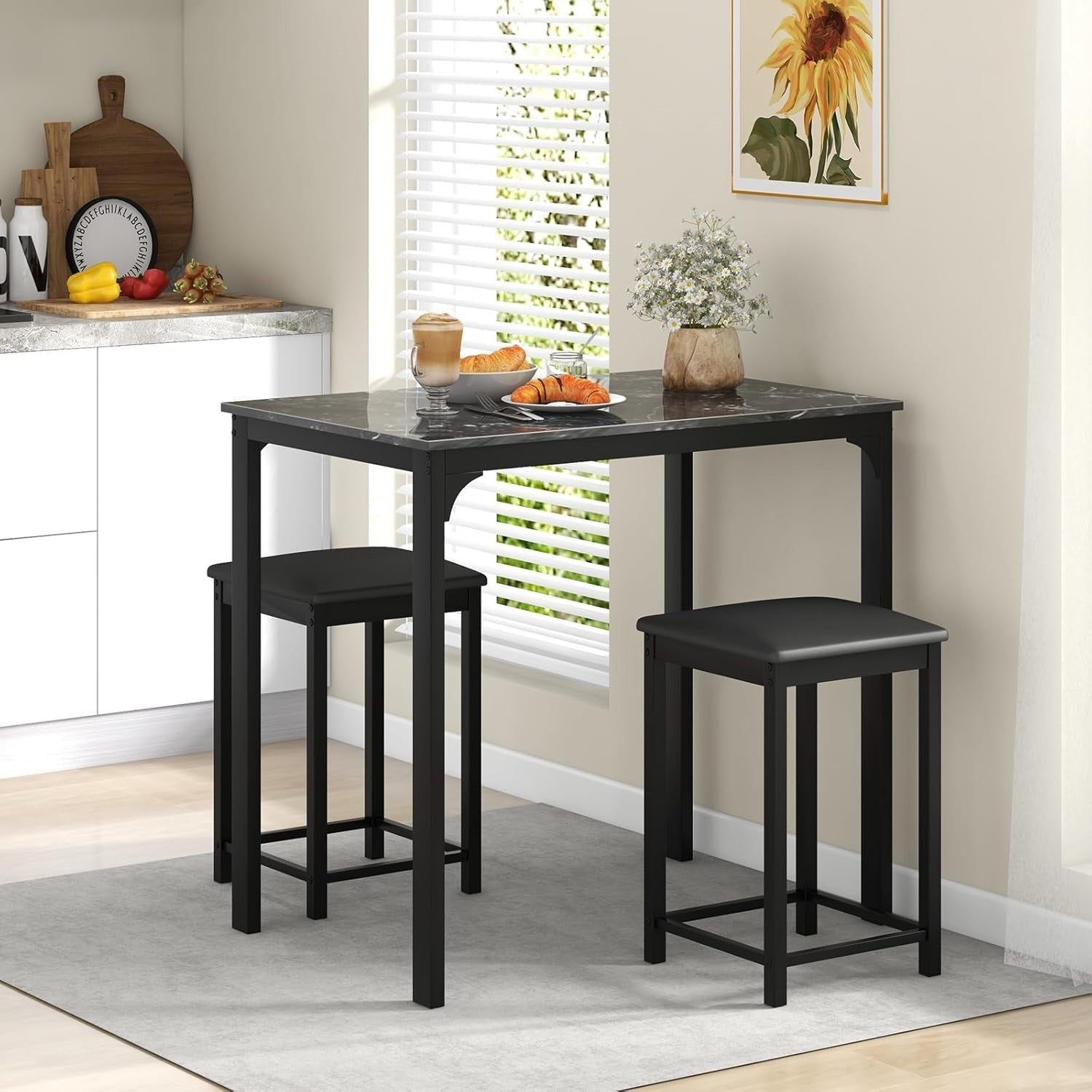 3-Piece Bar Table Set with Marble Top & 2 Stools Space-Saving Dining Black