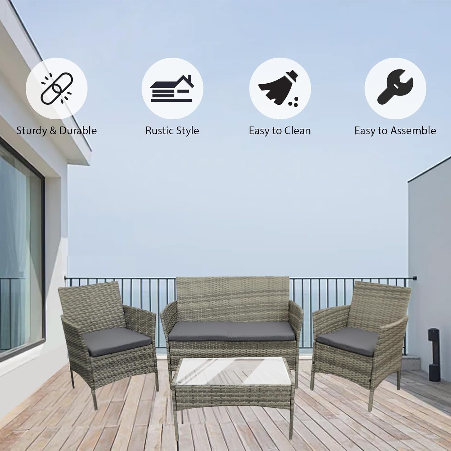 4-Piece Outdoor Patio Rattan Furniture Set with Cushioned Sofa & Table