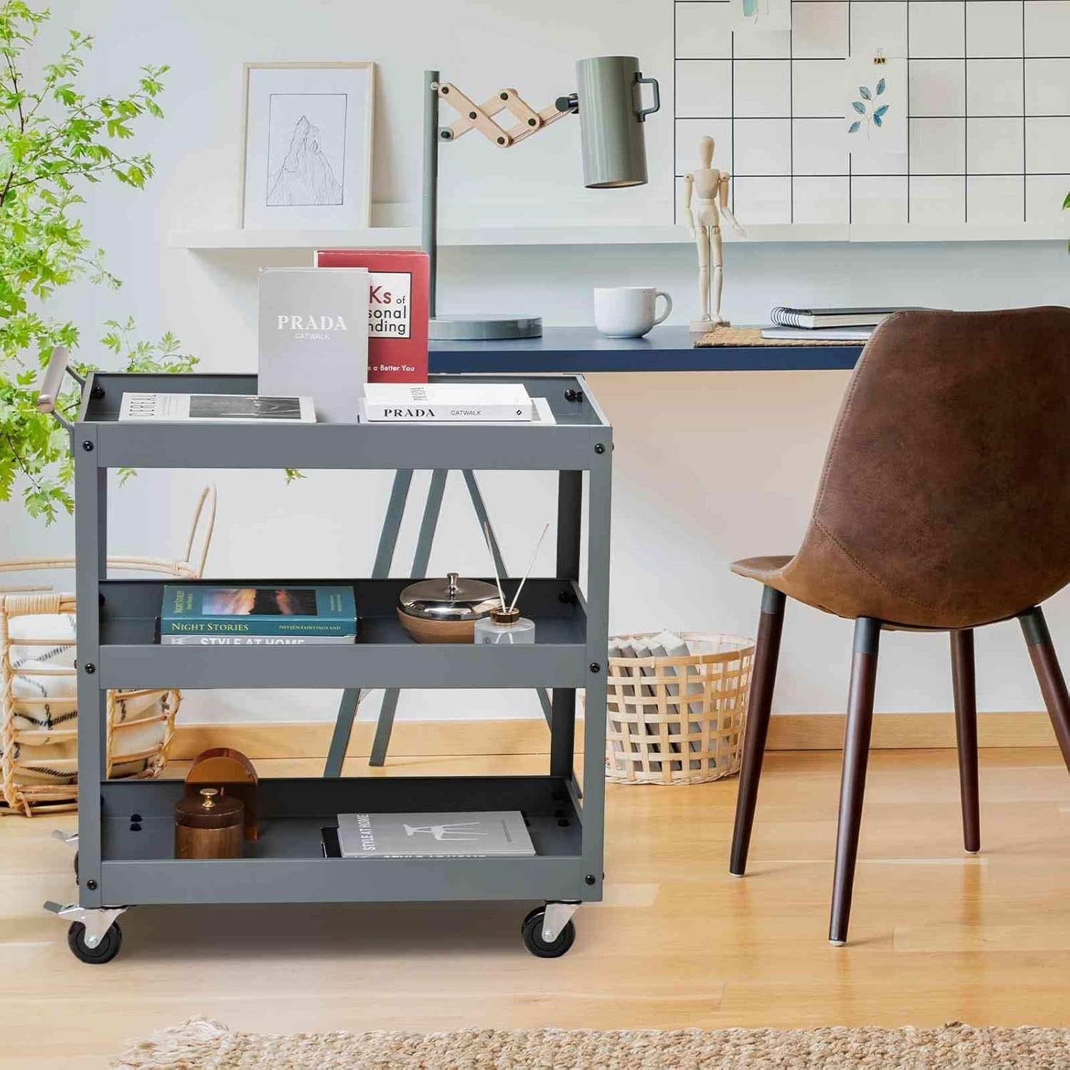 3-Tier Rolling Tool Cart Grey 76W x 38D x 78H cm Steel Mobile Trolley