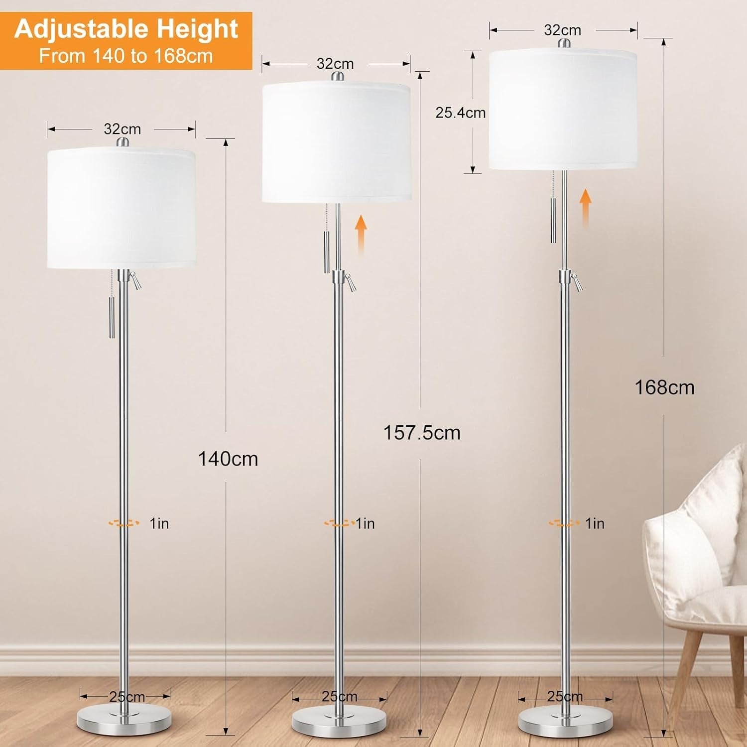 Adjustable Silver Floor Lamp with 3 Color Temps & Lampshade, E27 Bulb
