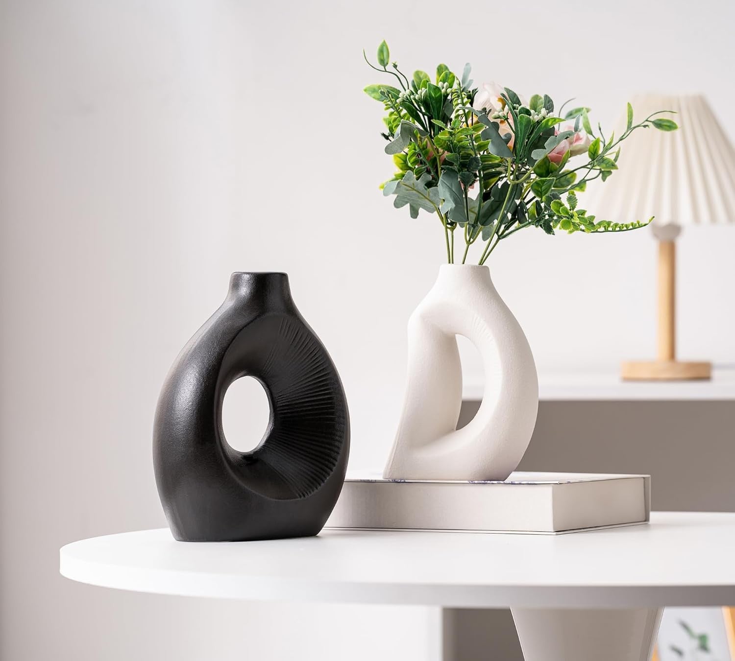 Ceramic Vase of 2 Minimalist Hollow Sculptural Decor for Pampas Grass
