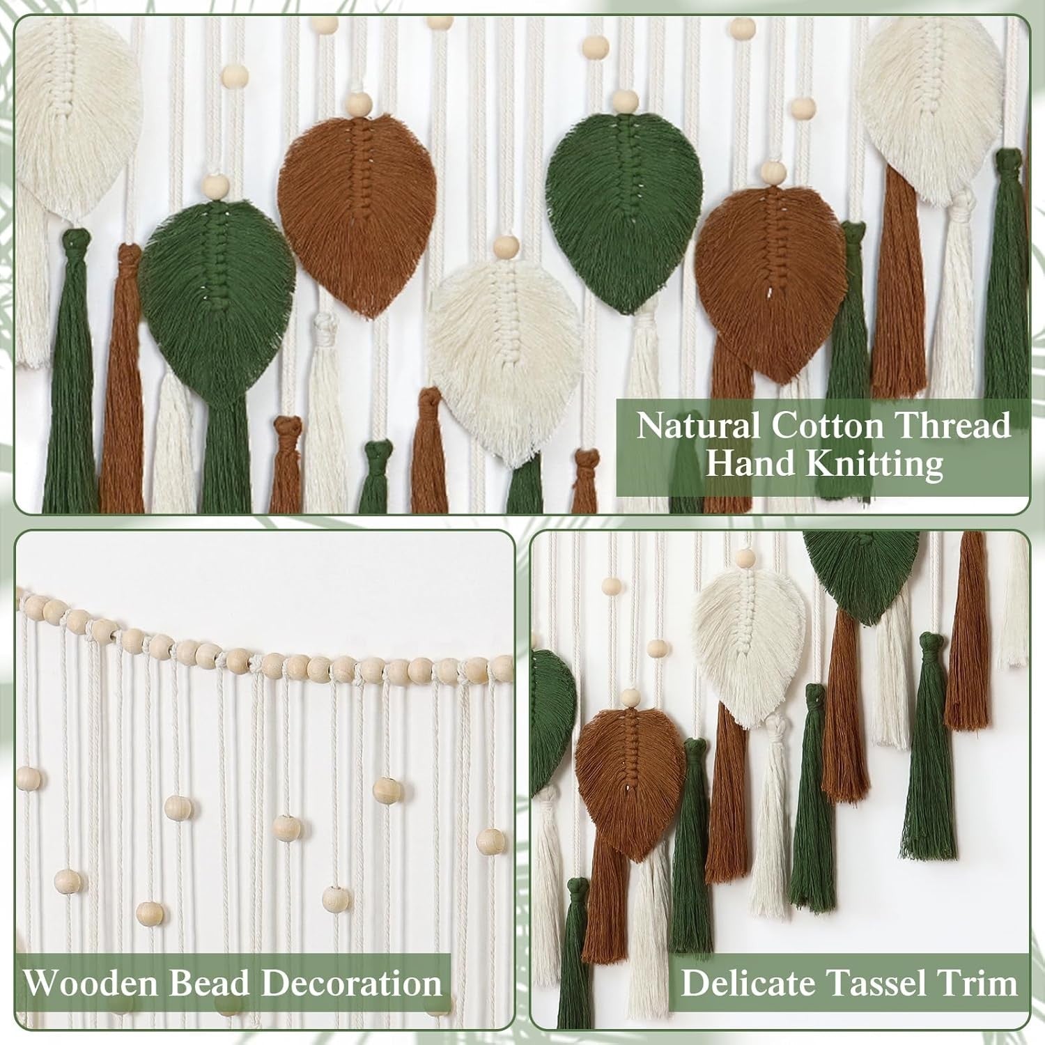 Large Brown Green Macrame Wall Hanging Leaf Tassel Boho Decor