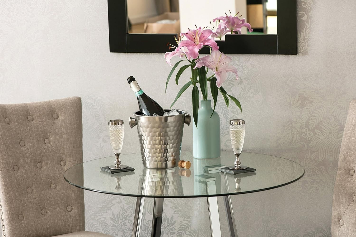 Modern Round Glass Dining Table Chrome Legs H76xW90xD90cm