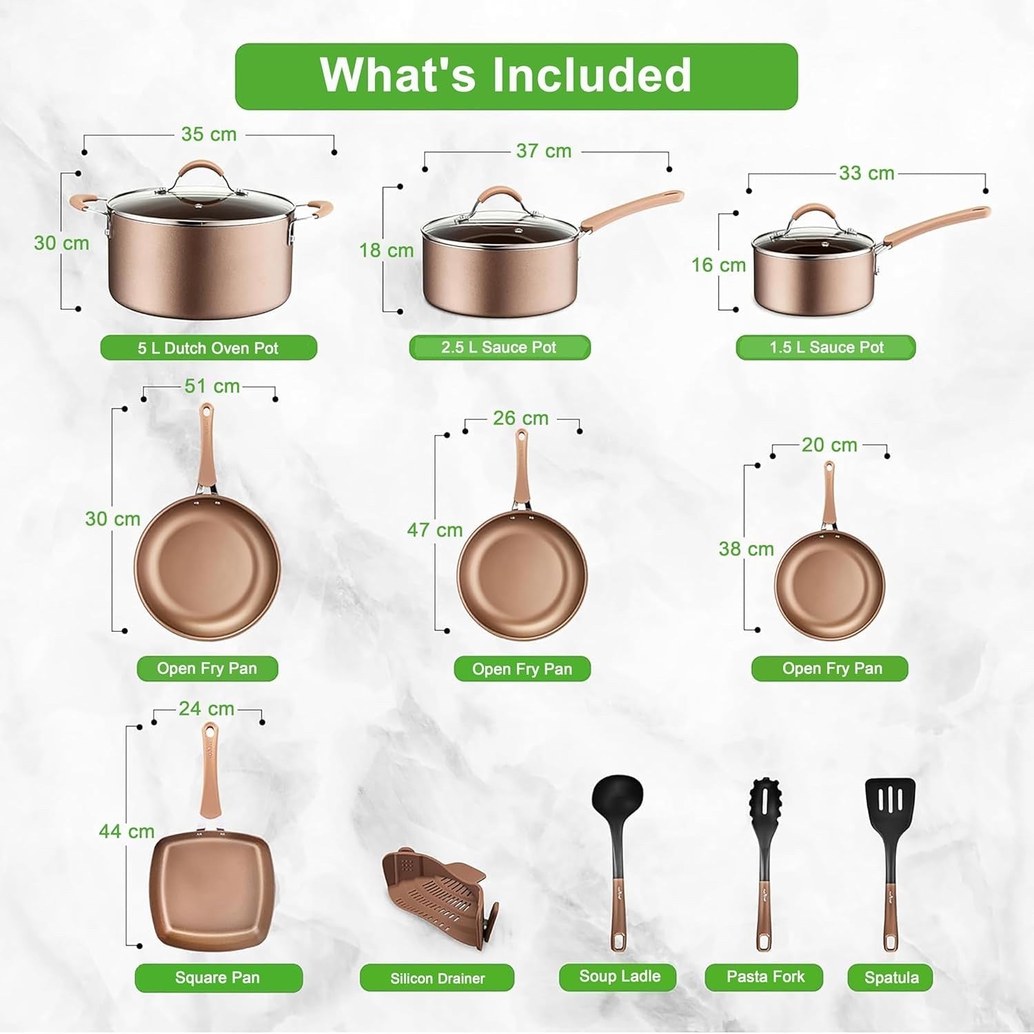 14pcs Gold Ceramic Stackable Non Stick Cookware Set Induction Safe Pots & Pans