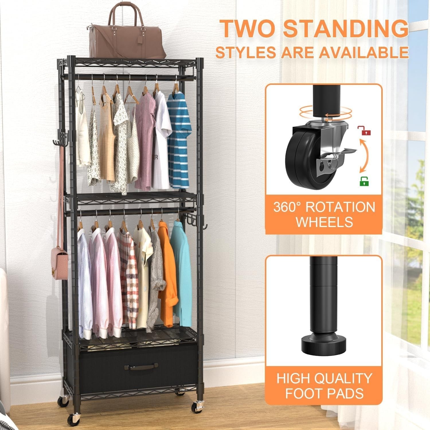 4-Tier Adjustable Clothes Rail with Drawer & Hooks – Black 200cm