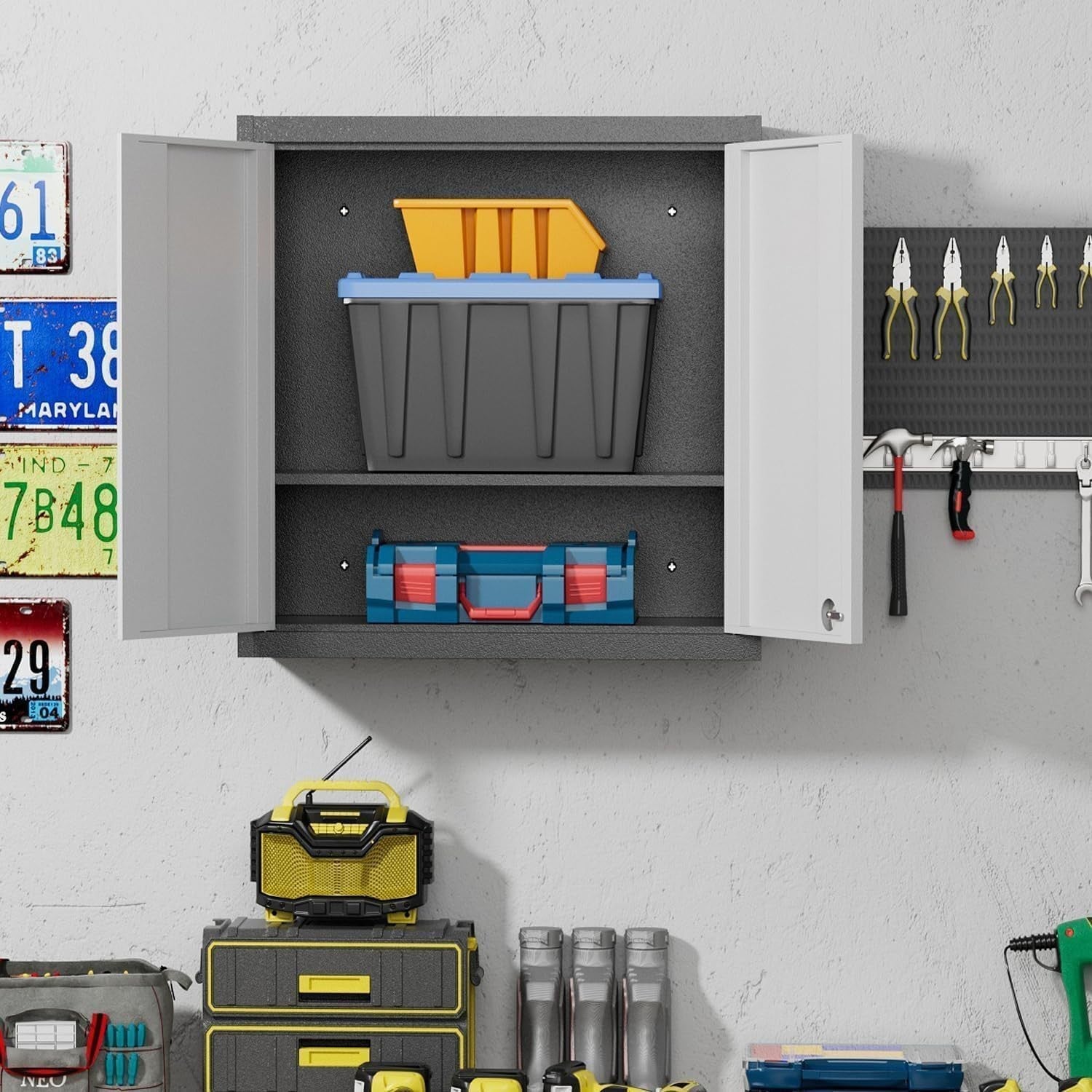 Metal Wall Cabinet 66x66x30cm Garage Storage, Lockable, Adjustable Shelf
