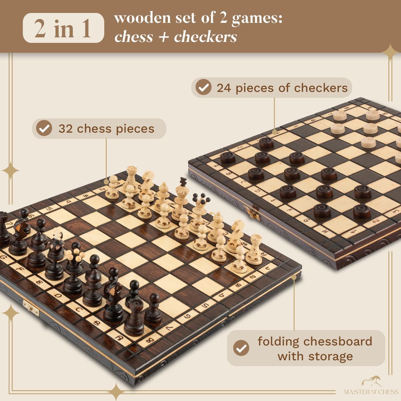 35cm Wooden Chess & Checkers Set | Foldable Travel Board | 2-in-1 Classic Game