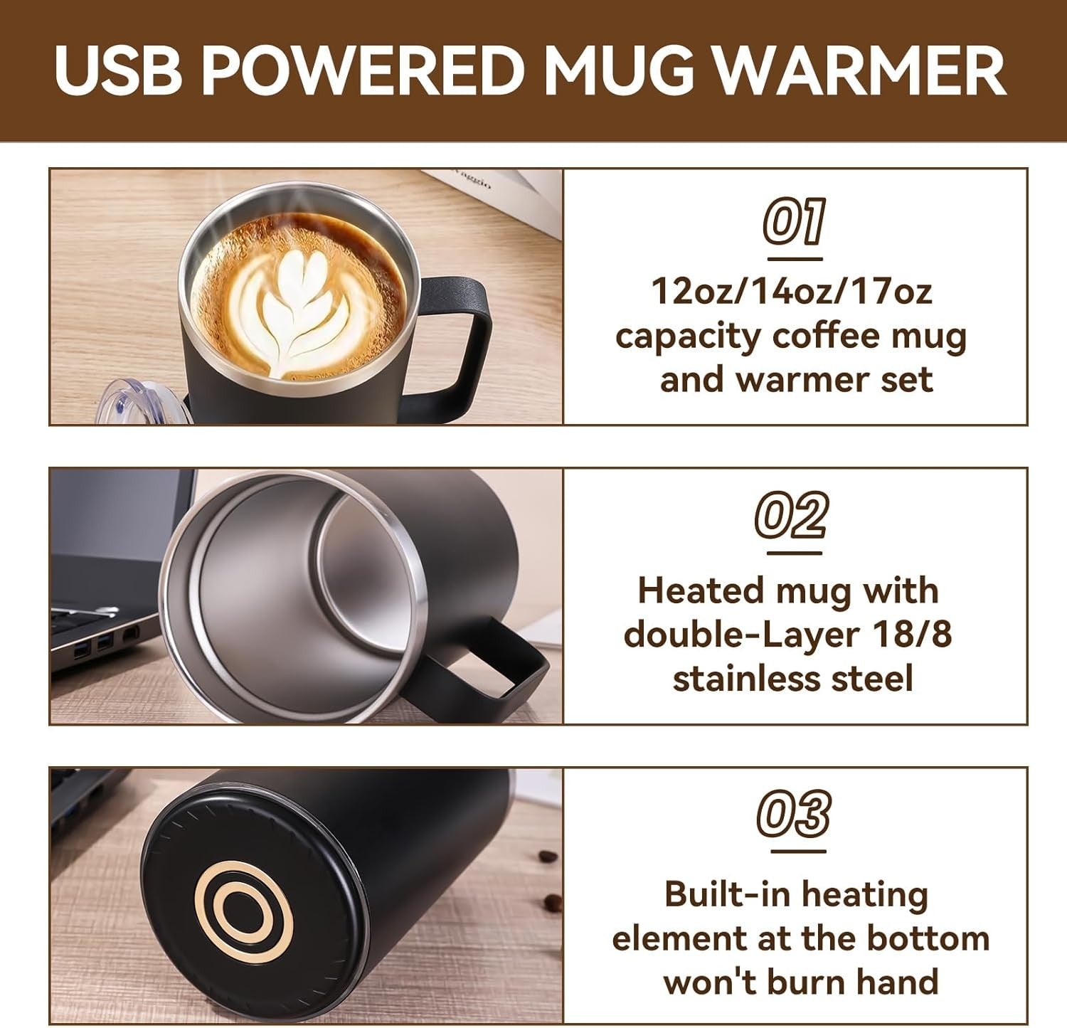 Self Heating Coffee Mug Set USB Warmer 12oz 10H Auto Off