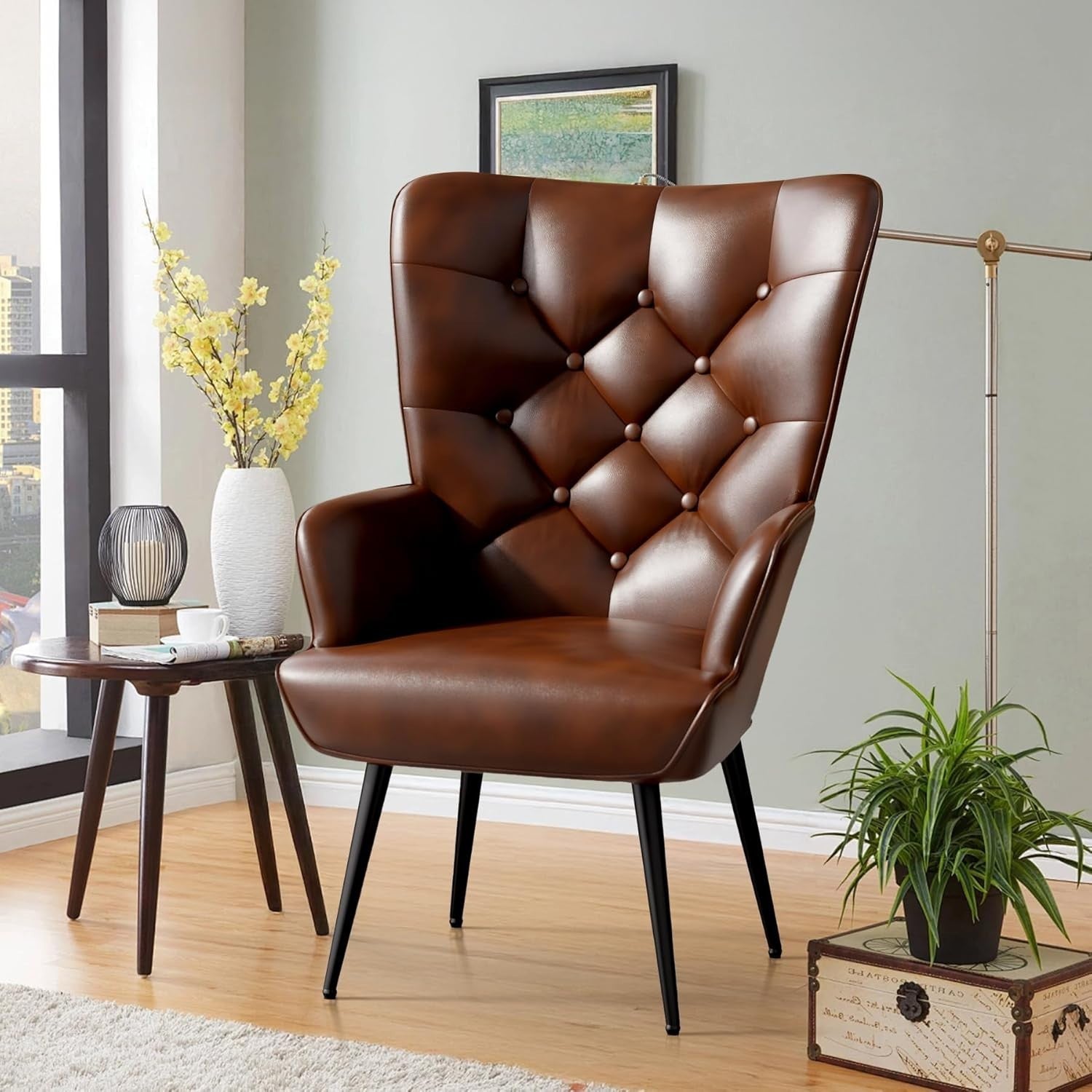 High Back Leather Armchair Gold Legs Comfy Lounge Chair 150kg Capacity