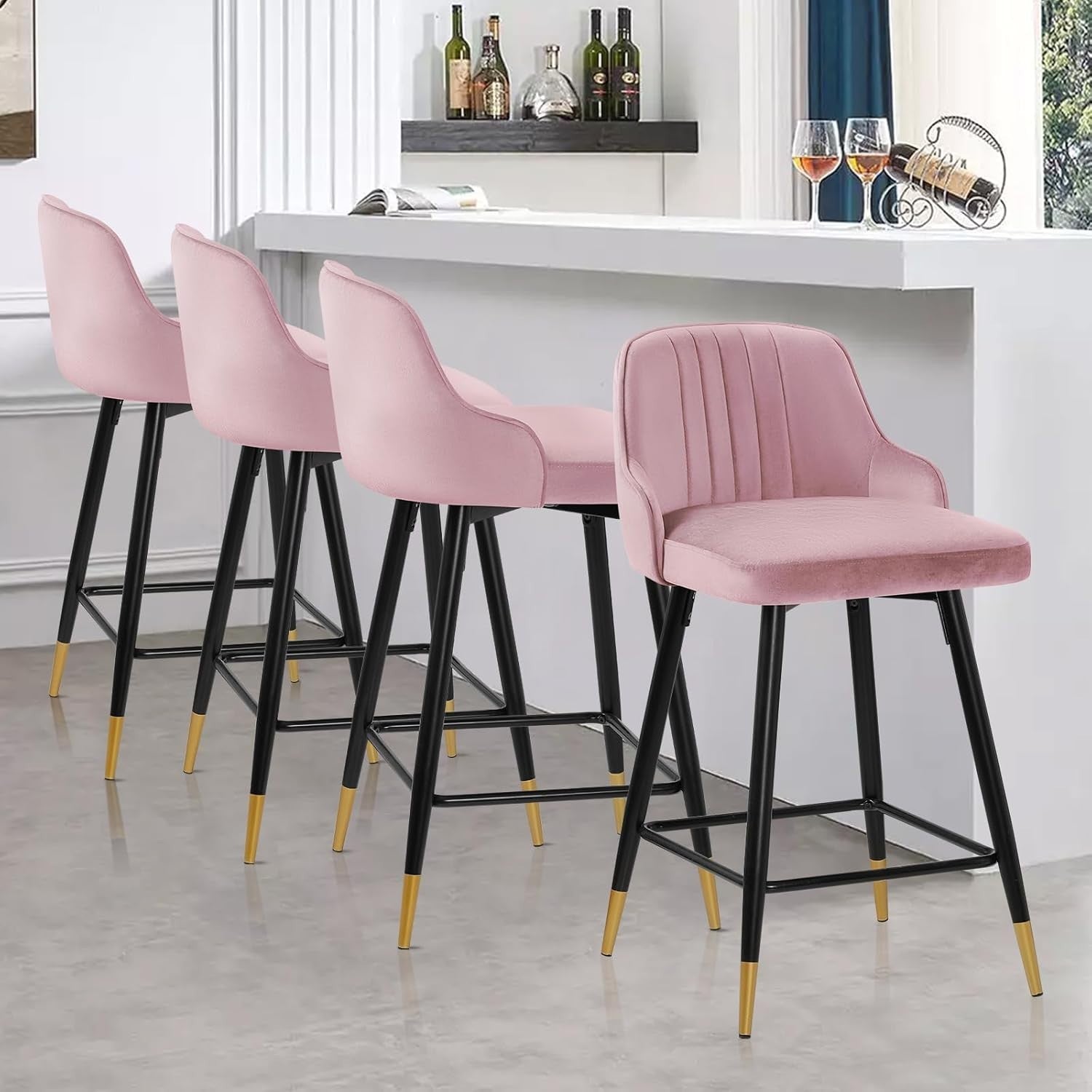 Pink Velvet Swivel Bar Stools Set of 2 – Modern Kitchen Counter Chairs