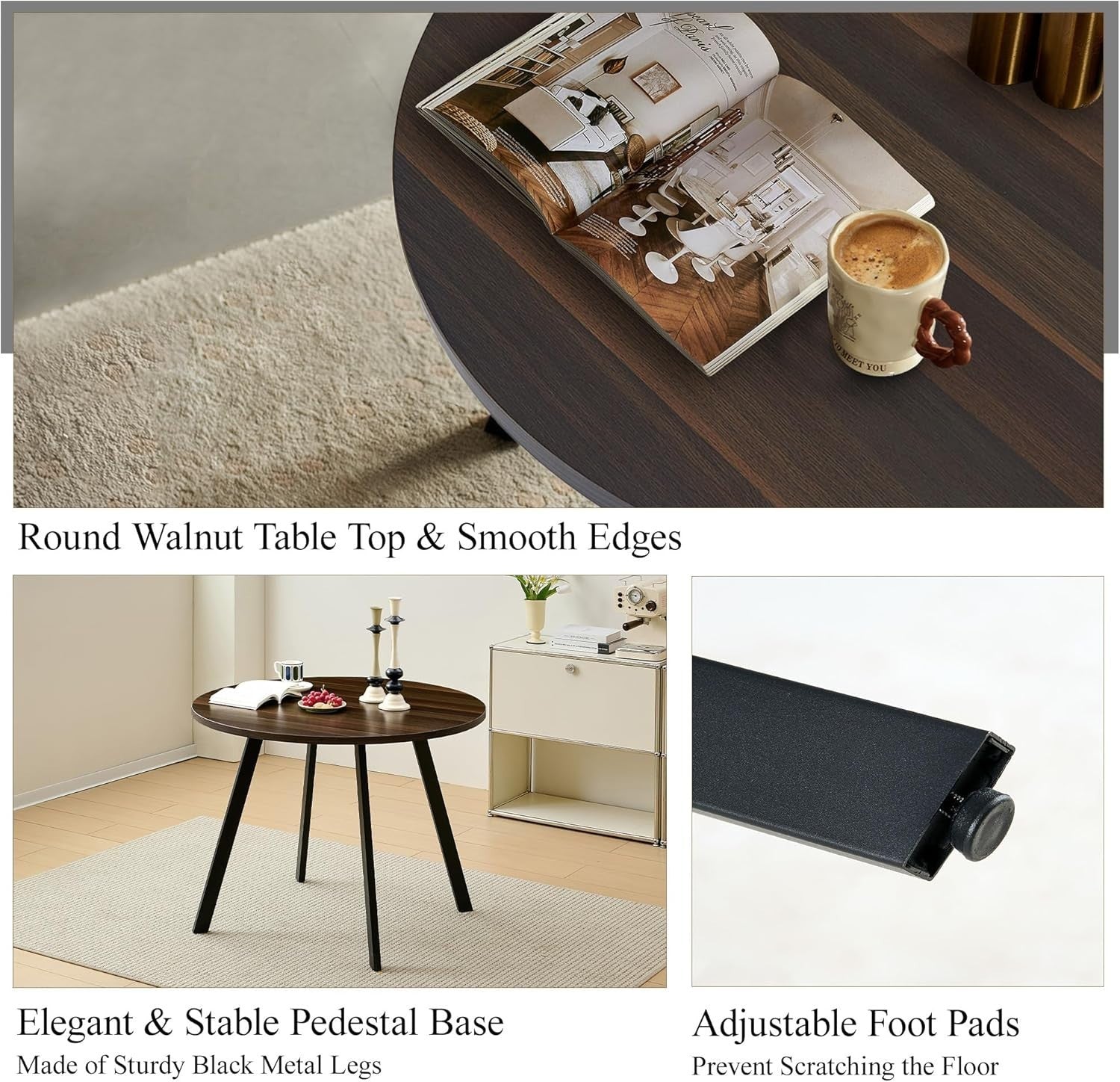 Round Dining Table & 4 Beige Chairs Set | Wooden Marble Top | Linen Upholstery