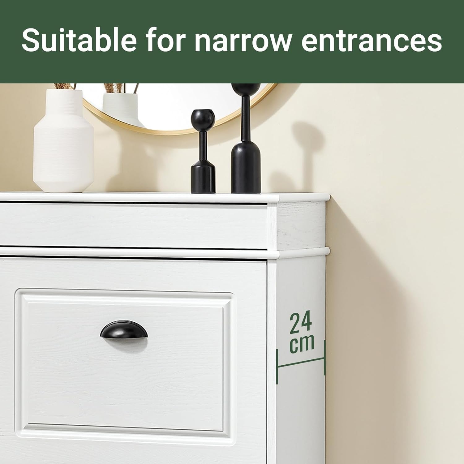 2-Drawer Slim Shoe Cabinet with Flip Drawers, 54x24x82 cm White Vintage Wood