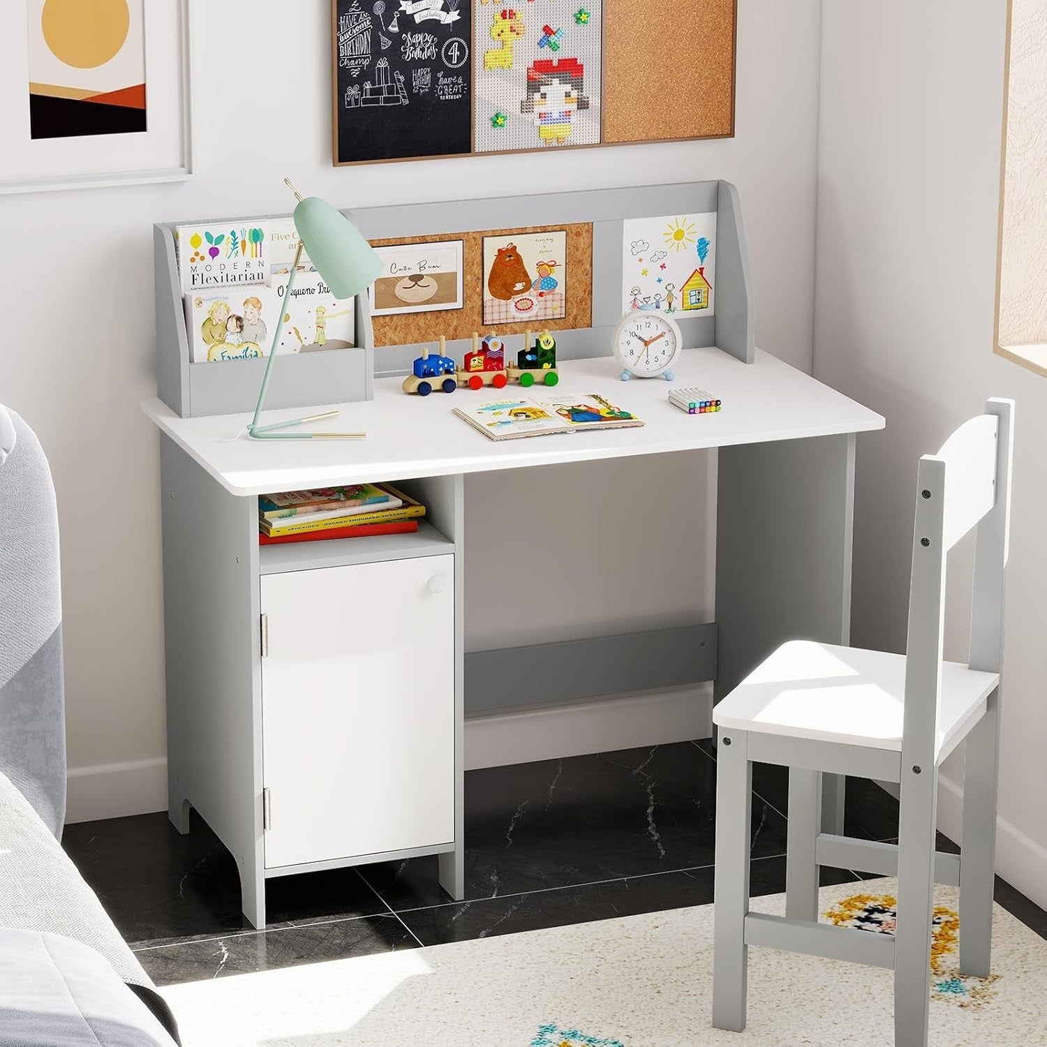 Kids Wooden Desk and Chair Set with Storage White Grey Study Table