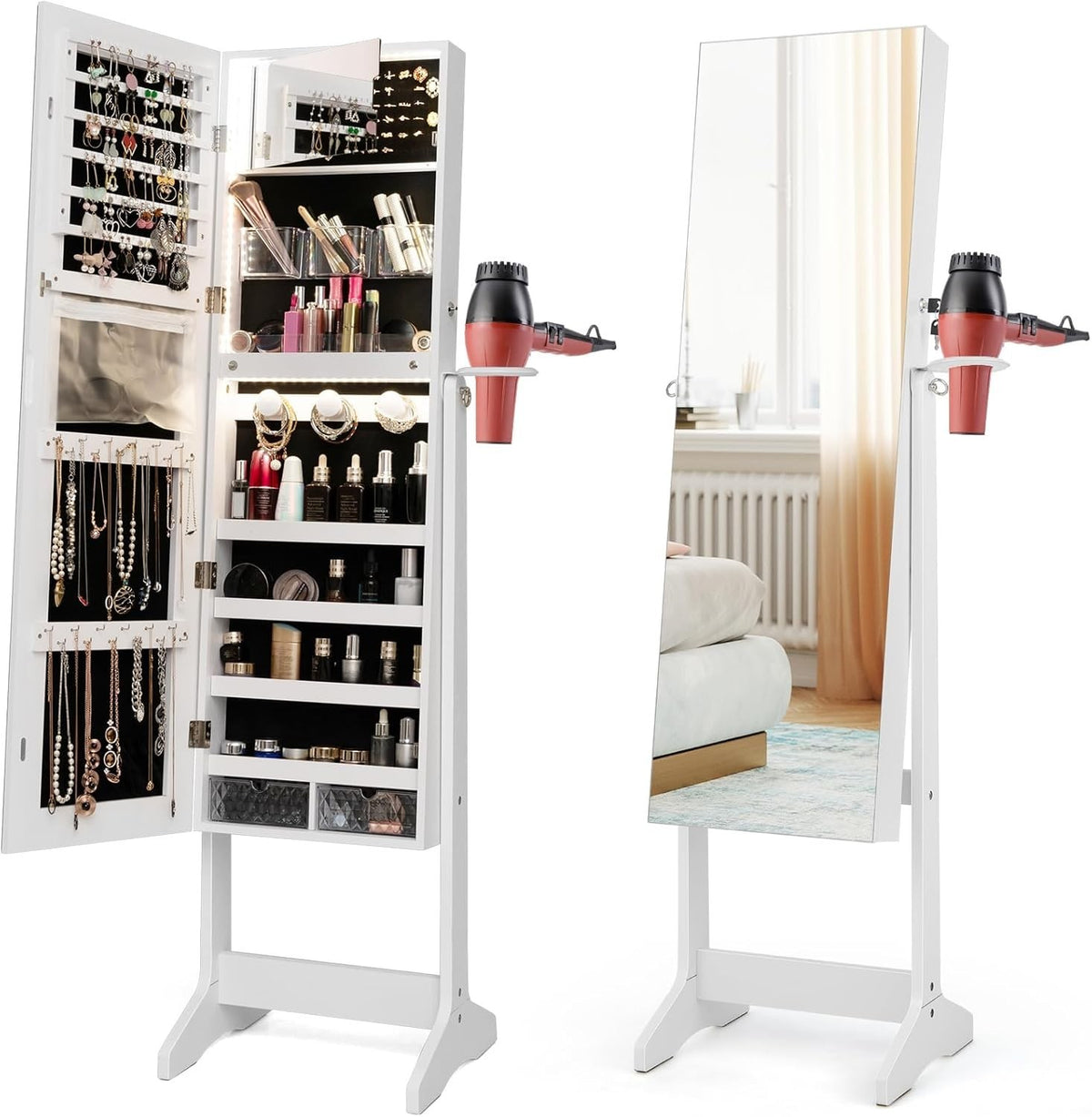 LED Lighted Jewelry Cabinet Floor Standing Lockable Mirror Makeup Organizer