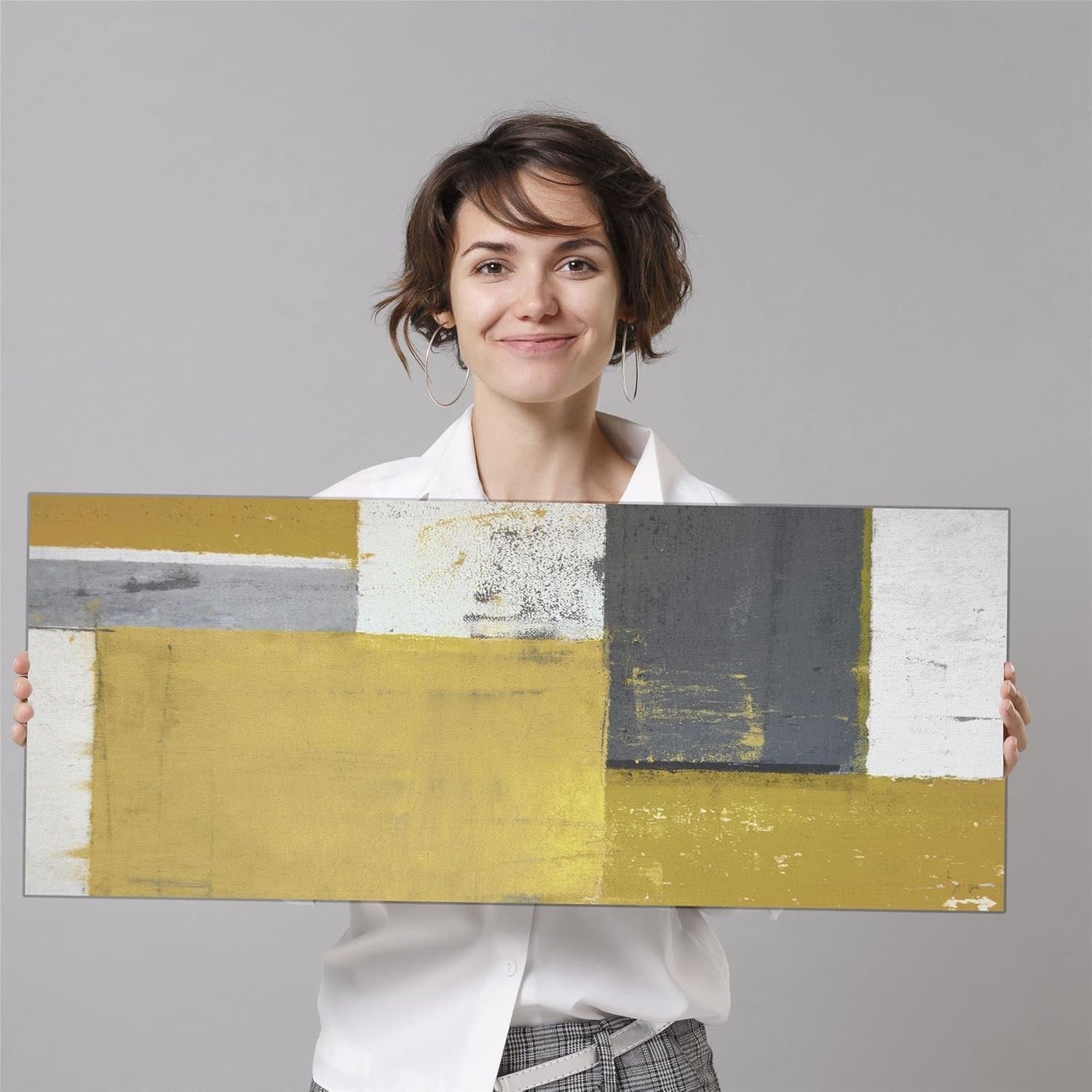 Mustard Yellow Grey Abstract Canvas Wall Art 82x34cm
