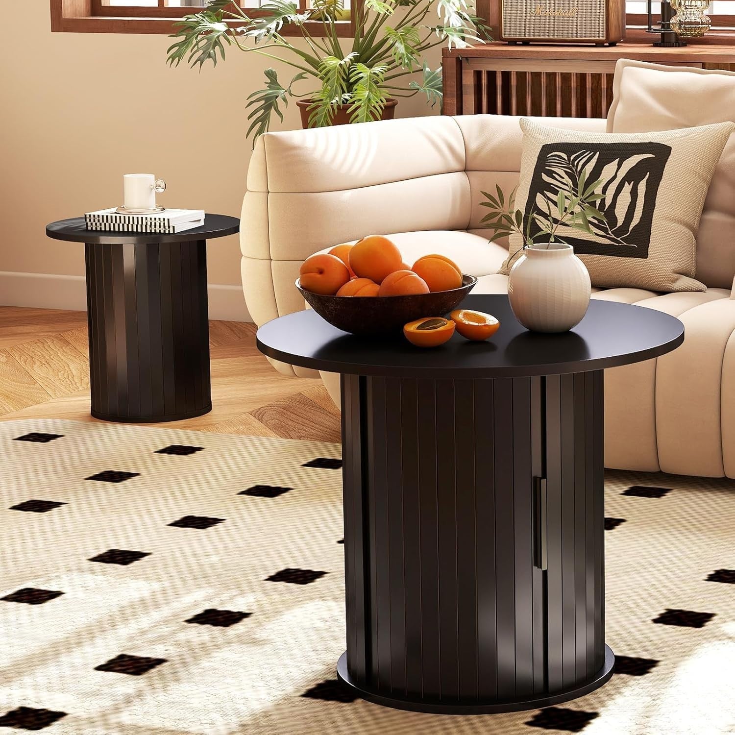Nesting Coffee Table Set of 2 Round Storage End Side Tables Living Room Black Wo