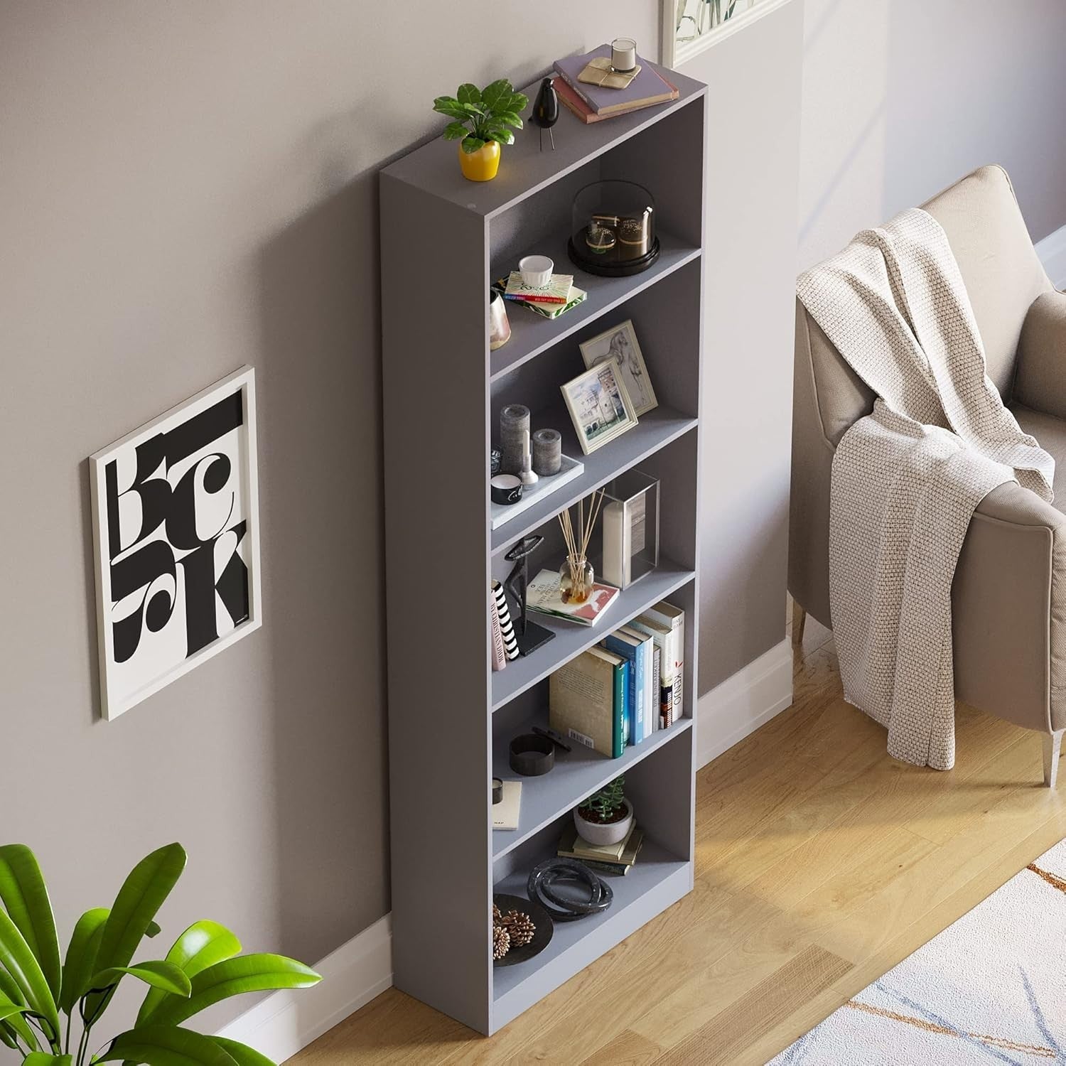 5 Tier Grey Wooden Bookcase Modern Storage Display Shelf for Living Room