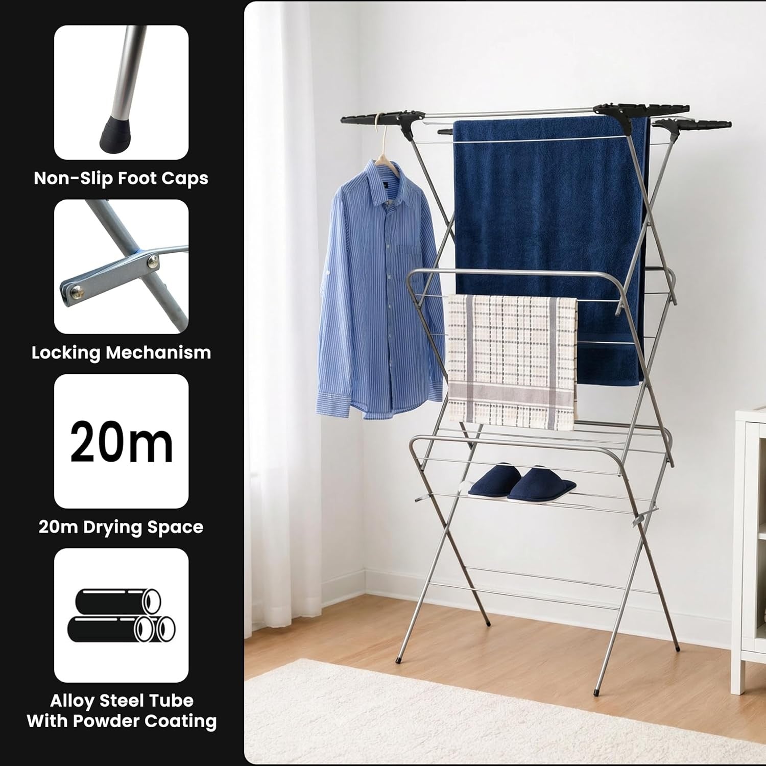 3 Tier Folding Clothes Airer 20m Drying Space Indoor Outdoor Laundry Rack