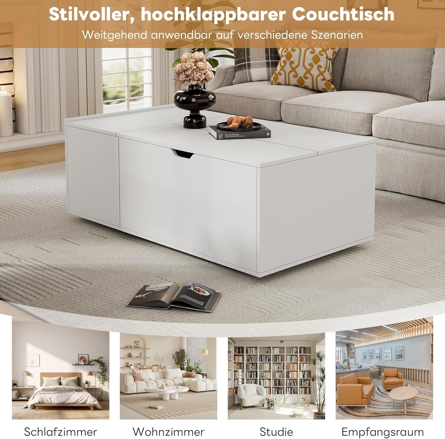Lift-Top Coffee Table with Storage & Drawer, White 117x65x43cm