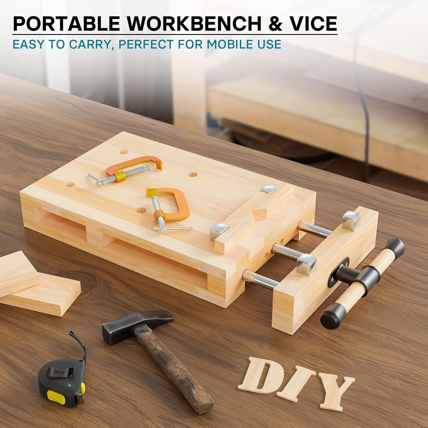 Portable Mini Workbench with Vice Beech Wood Clamp Table for Woodworking