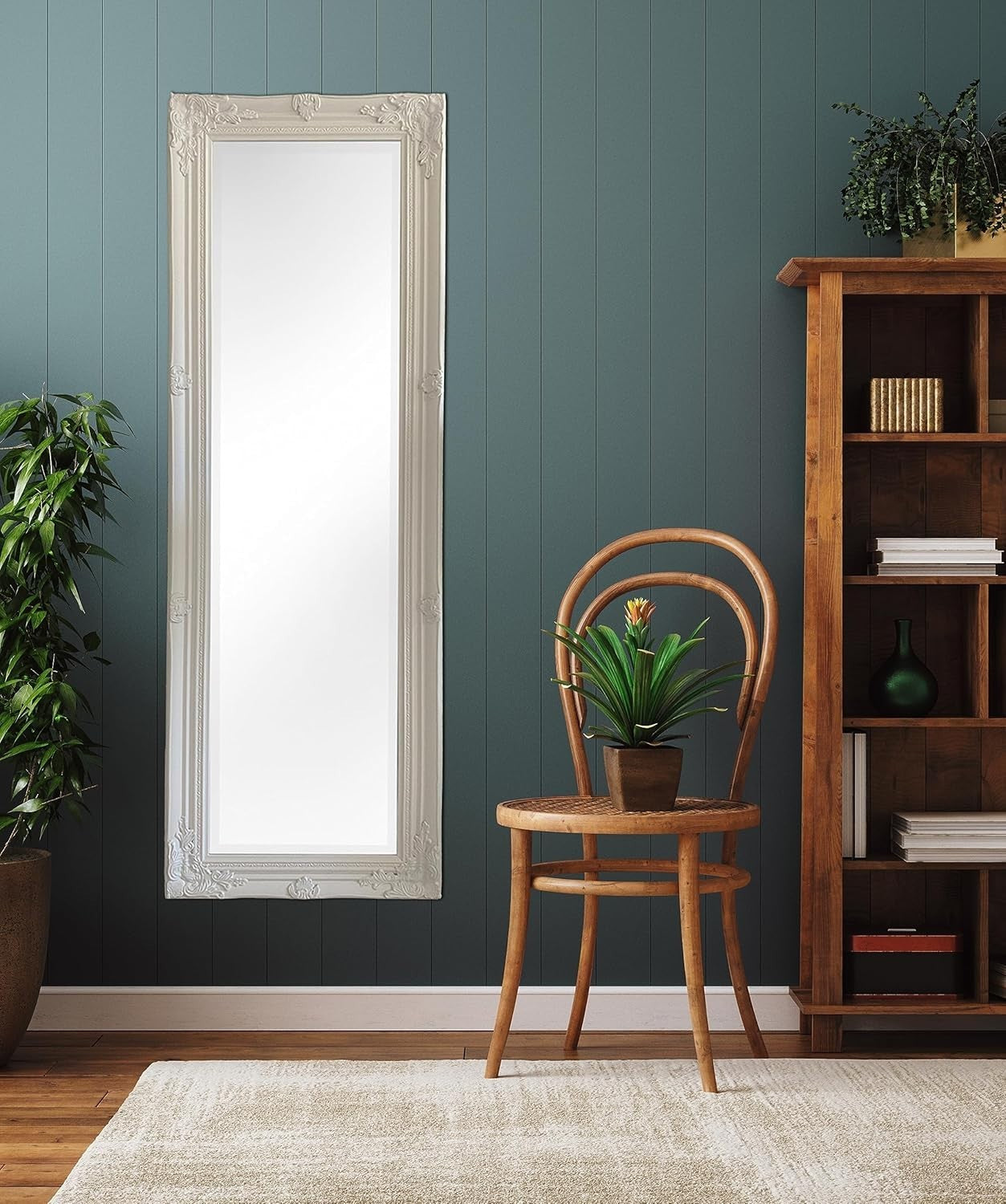 Tall White Wall Mirror 142x47cm with Bevelled Glass, Classic Wood Frame