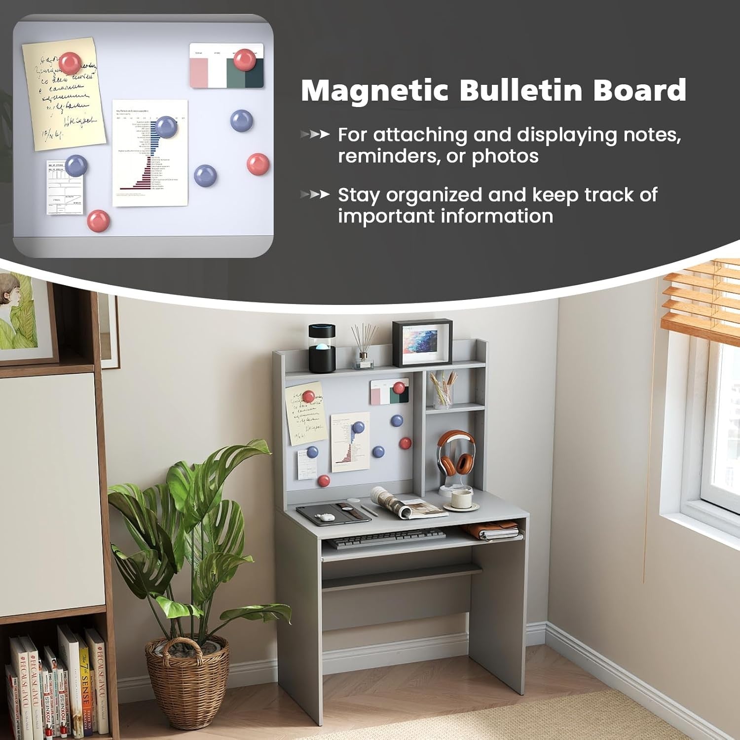Computer Desk with Hutch Storage Keyboard Tray Study Workstation Grey