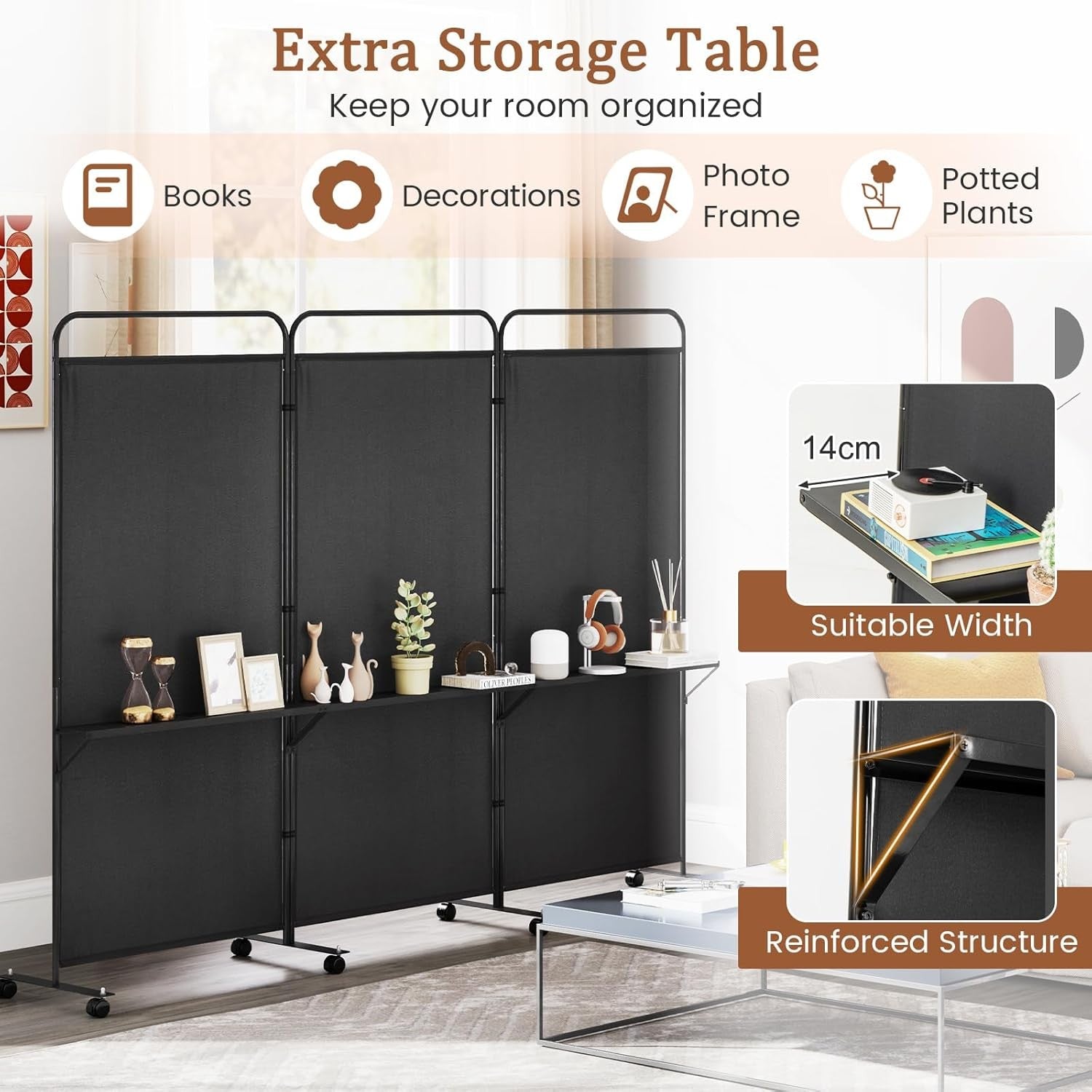 3 Panel Black Folding Room Divider with Shelves & Wheels Privacy Screen 188cm