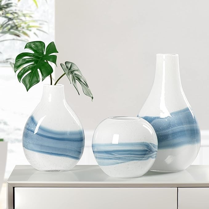 White Hand Blown Glass Vase 27cm Modern Coastal Table Centerpiece Decor