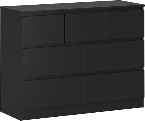 Black 7 Drawer Chest Wide Modern Storage Unit No Handle 106cm Bedroom