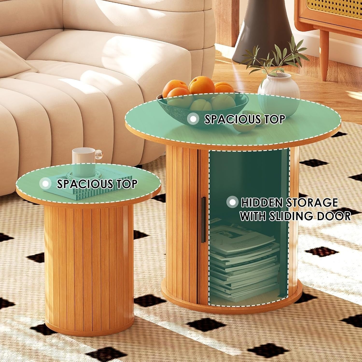 2-Piece 60cm Round Nesting Coffee Table Set with Hidden Storage, Natural Finish