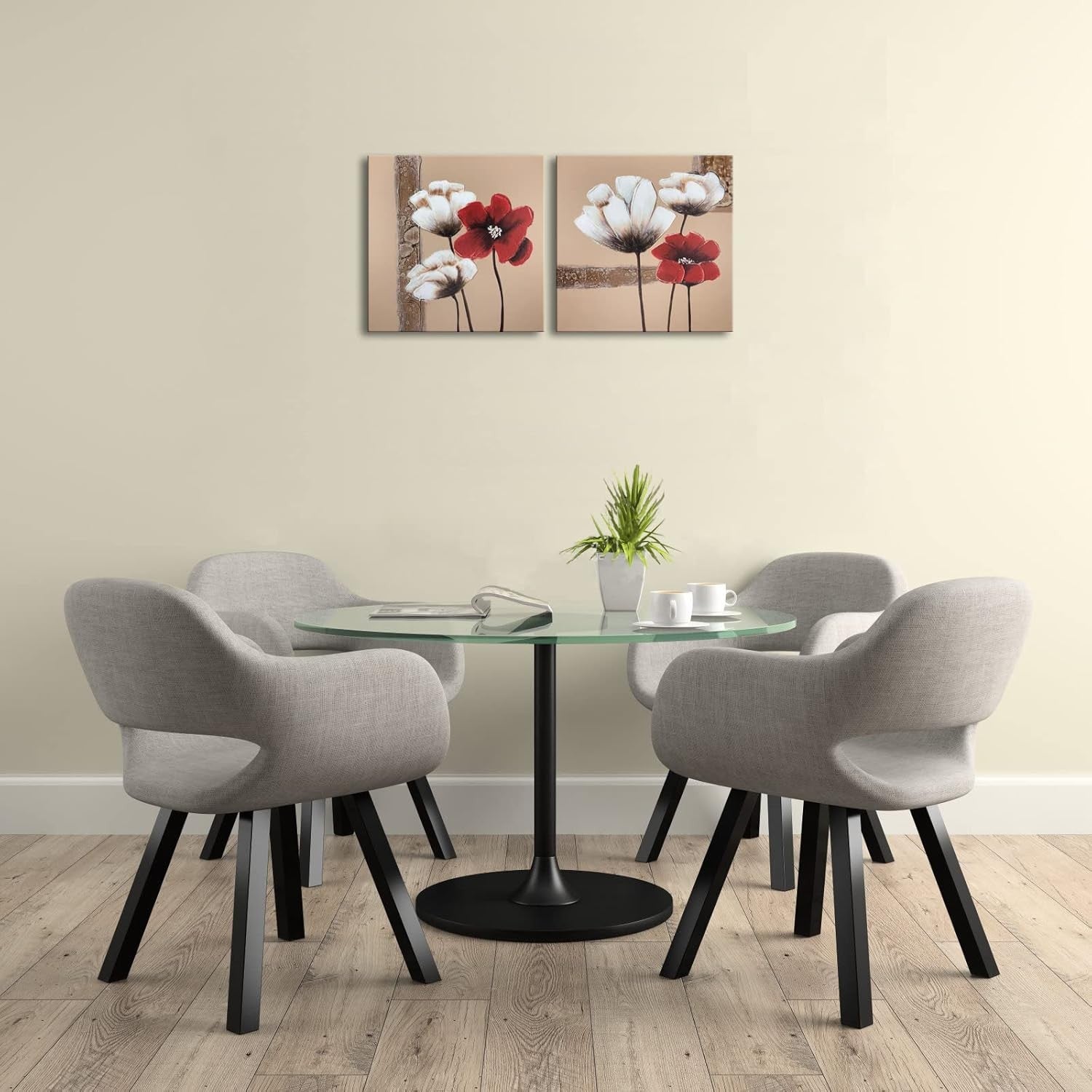 Red White Floral Canvas Wall Art 2 Panels Modern Home Decor Print