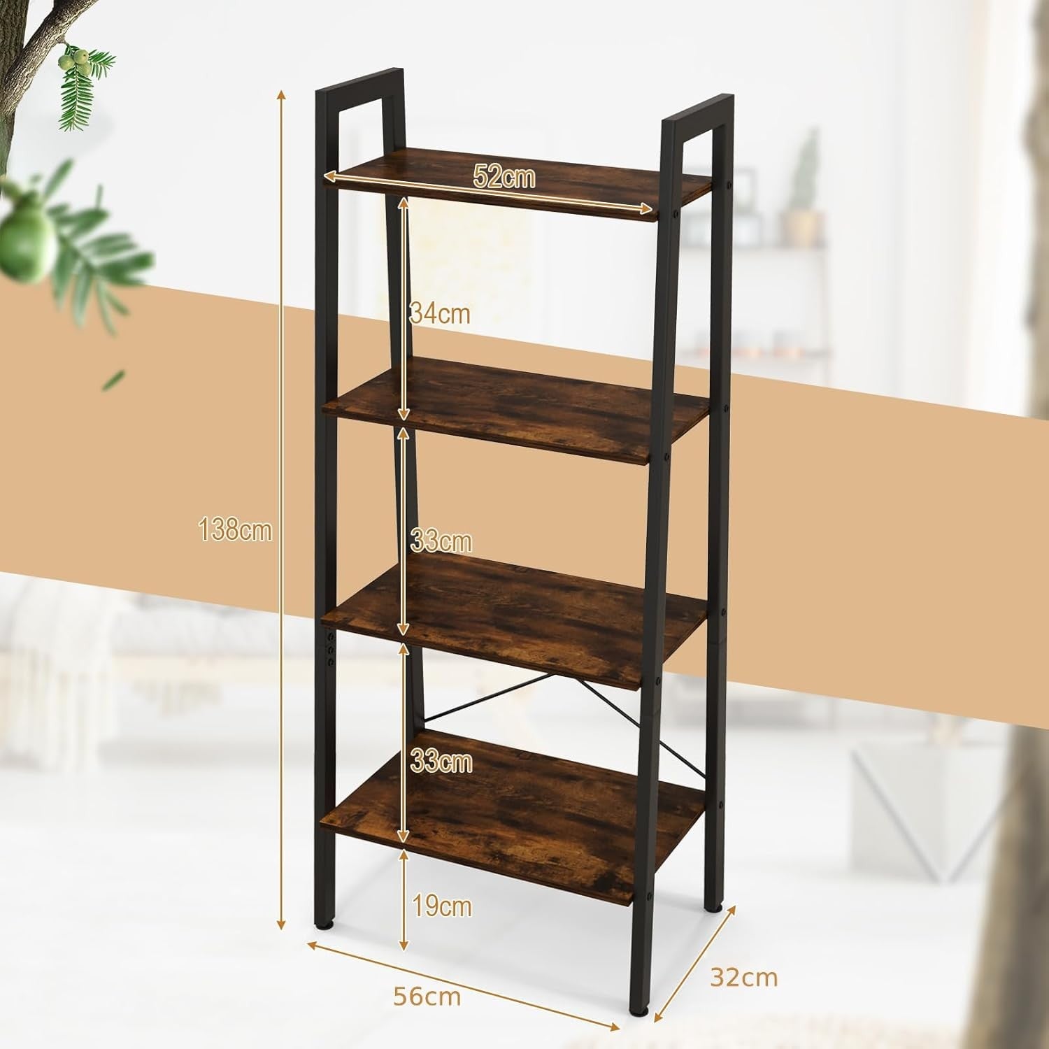 Rustic Brown Industrial Ladder Shelf 4-Tier Freestanding Storage Rack
