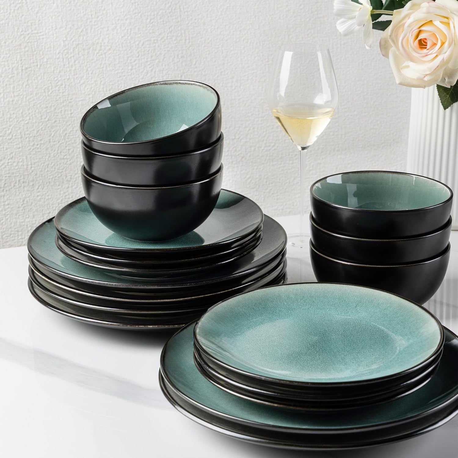 18 Piece Stoneware Dinner Set Plates Bowls Scratch Resistant Dishwasher