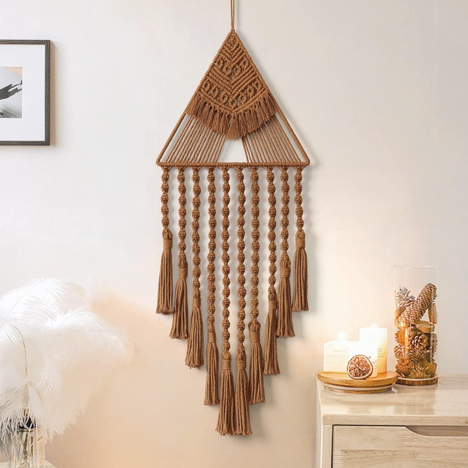 Brown Triangle Macrame Wall Hanging Boho Tassel Decor 70cm