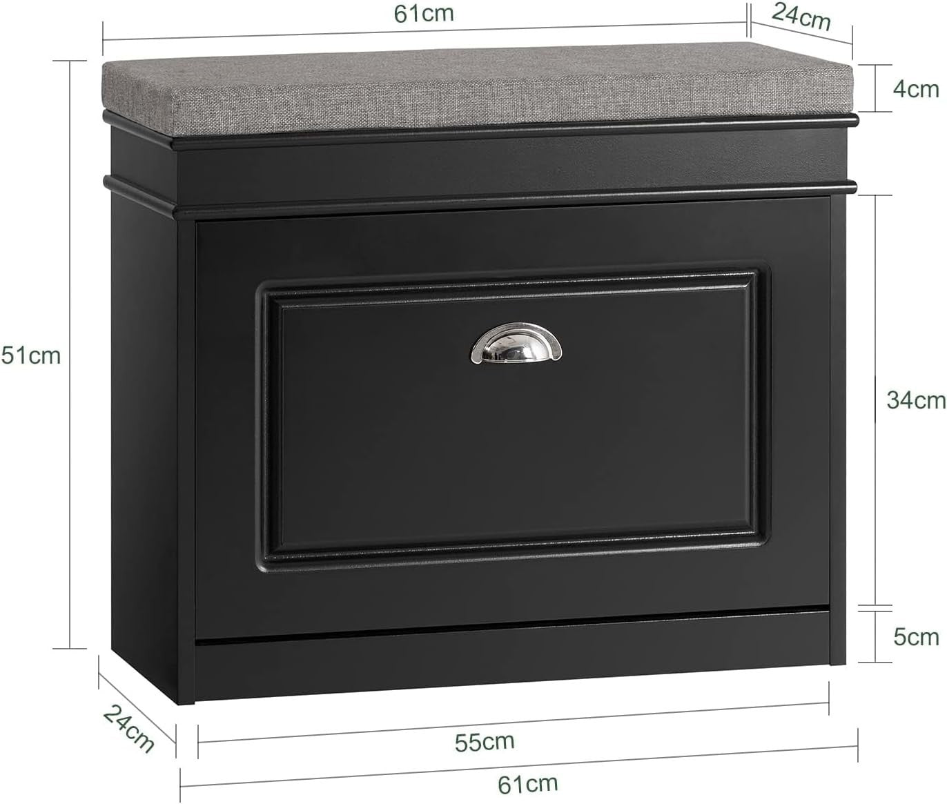 Narrow Shoe Storage Bench with Flip Drawer & Grey Cushion, 61x24x51 cm Black